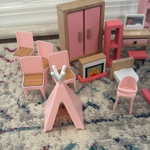Miniature Dollhouse Furniture Set in Pink and Wood - Picture 2 of 4